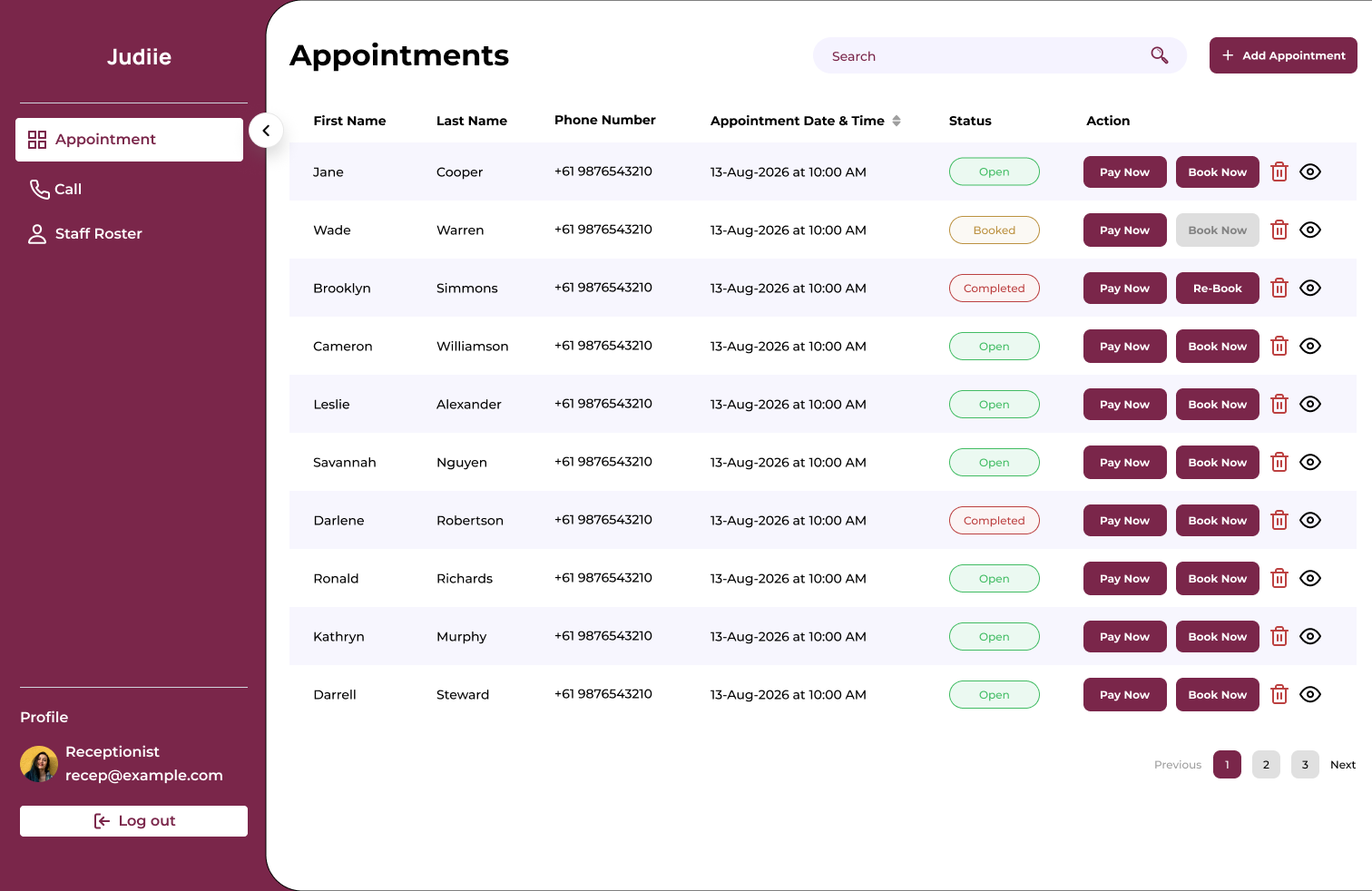 Judiie appointment screen